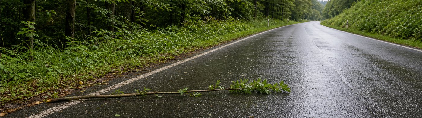Feuerwehrkräfte sichern eine Straße nach einem Unwetter