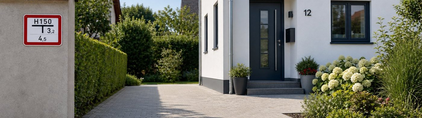 Gut sichtbare Hausnummer, freie Zufahrt und Hydrant vor einem Wohnhaus