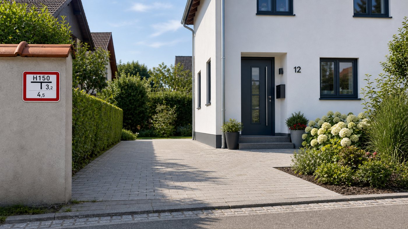 Gut sichtbare Hausnummer, freie Zufahrt und Hydrant vor einem Wohnhaus