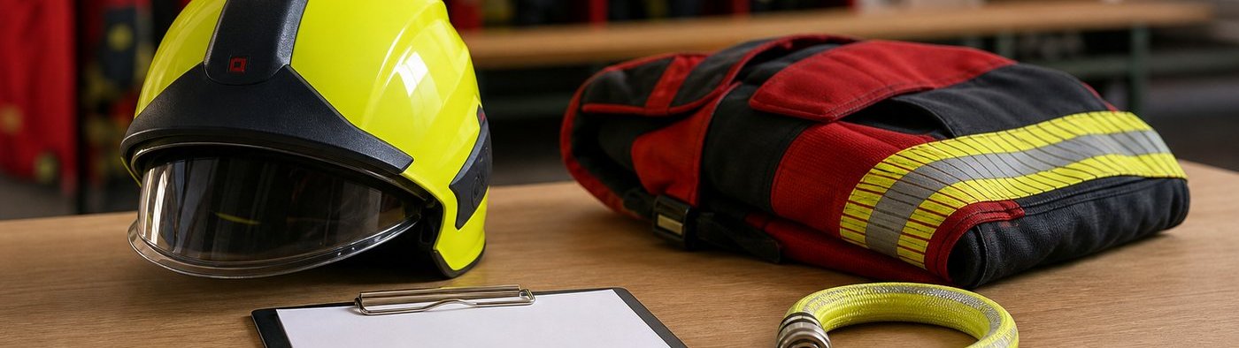 Feuerwehrhelm und Unterlagen als Symbol für häufige Fragen