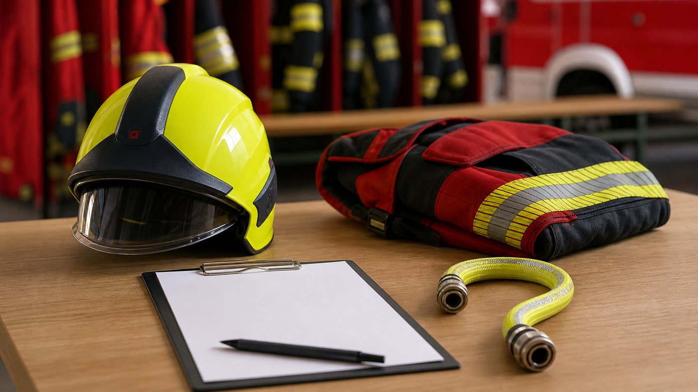 Feuerwehrhelm und Unterlagen als Symbol für häufige Fragen