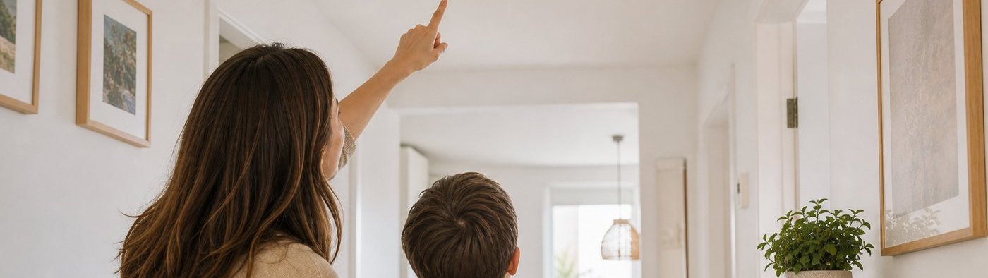 Familie bespricht zuhause Rauchmelder und Verhalten im Notfall