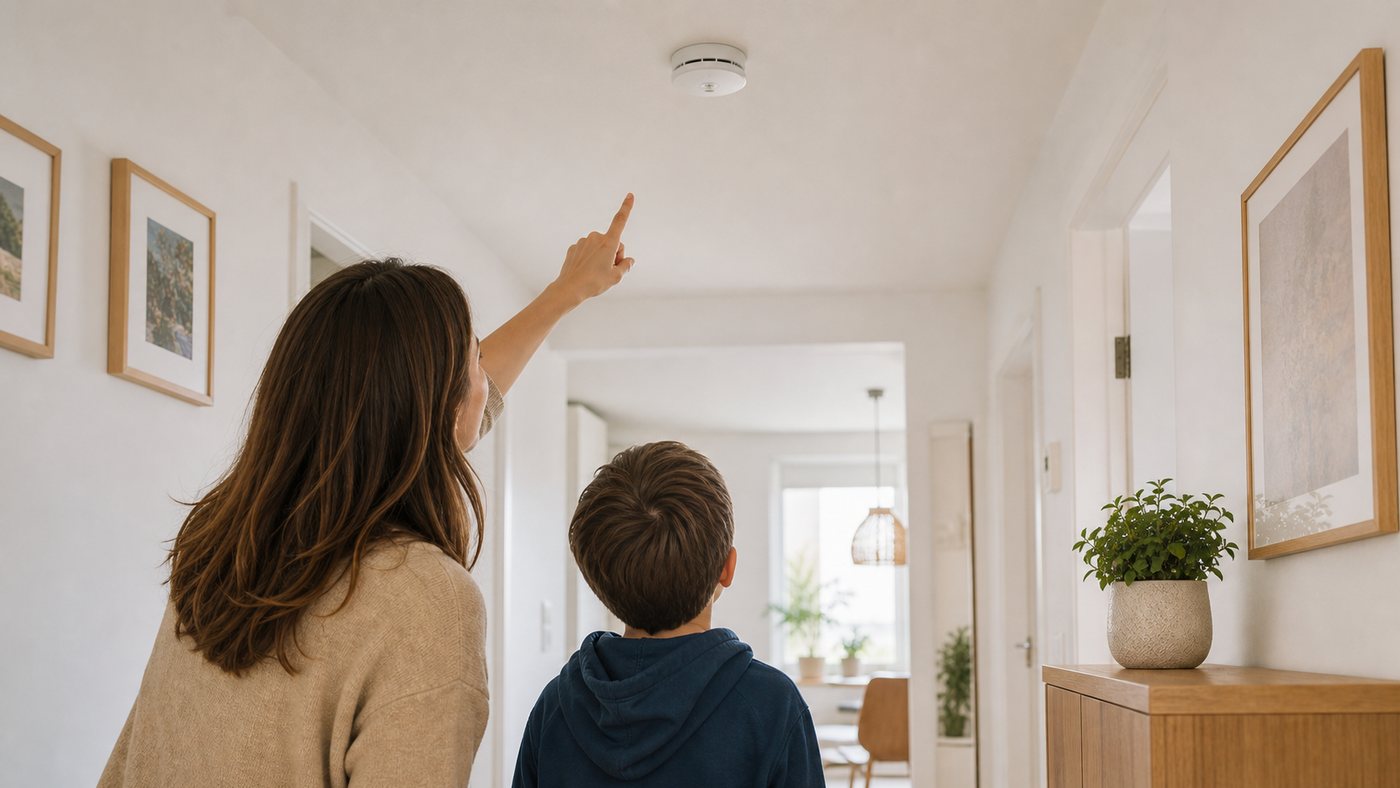 Familie bespricht zuhause Rauchmelder und Verhalten im Notfall